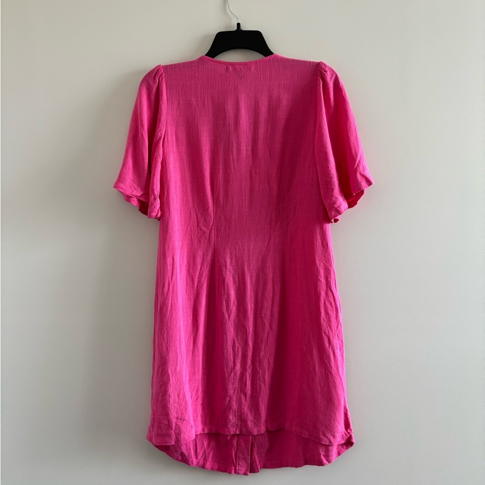 Good Luck Gem Dress Mini Pink Linen Button Flutter Sleeve Womens S Boho NWT - Picture 2 of 11